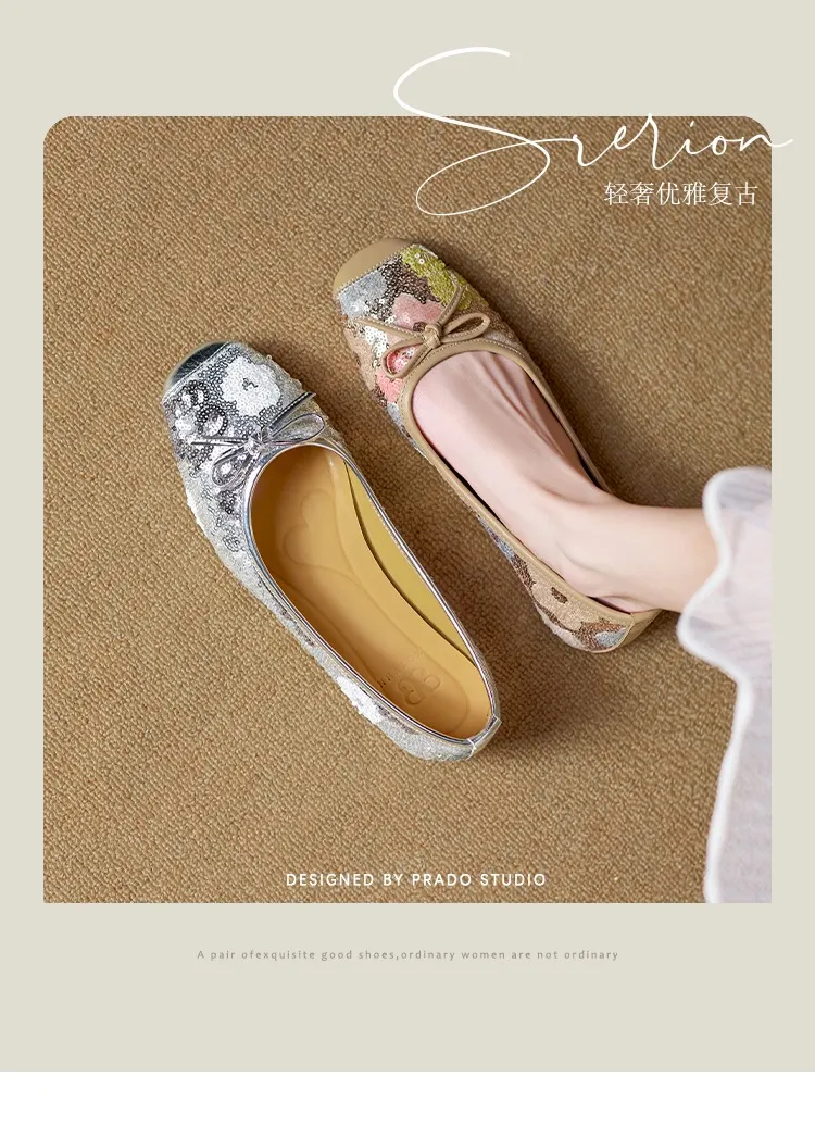 Spring and Autumn Square Toe Flat Slip-on Women's Shoes with Bow