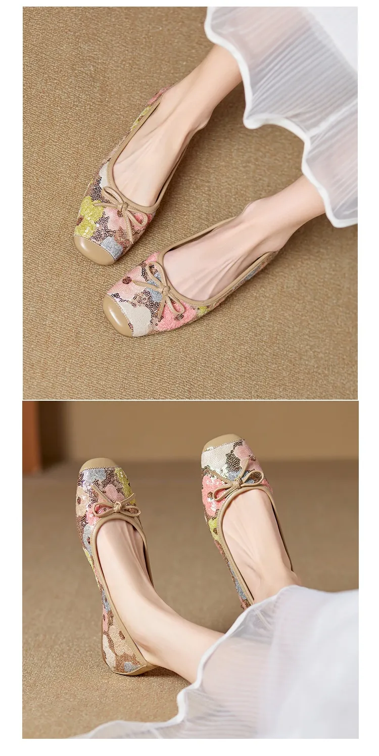 Spring and Autumn Square Toe Flat Slip-on Women's Shoes with Bow