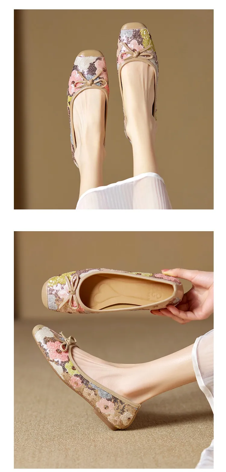 Spring and Autumn Square Toe Flat Slip-on Women's Shoes with Bow