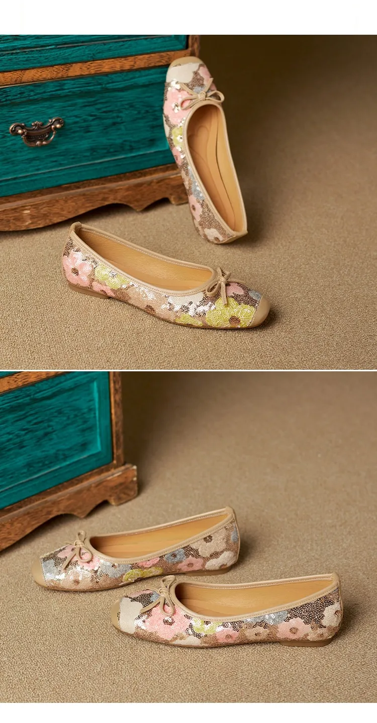 Spring and Autumn Square Toe Flat Slip-on Women's Shoes with Bow