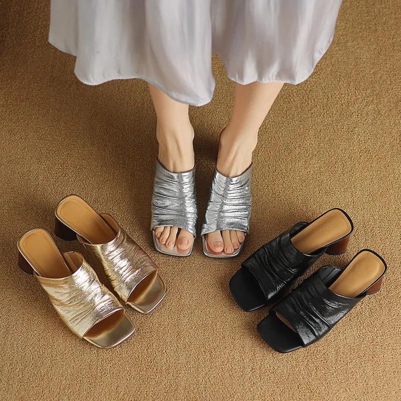 Spring/Summer Square-Toe Slippers Chunky Heel High-Heeled Lambskin Fashion Shoes