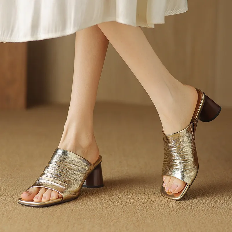 Spring/Summer Square-Toe Slippers Chunky Heel High-Heeled Lambskin Fashion Shoes