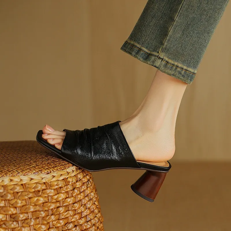 Spring/Summer Square-Toe Slippers Chunky Heel High-Heeled Lambskin Fashion Shoes