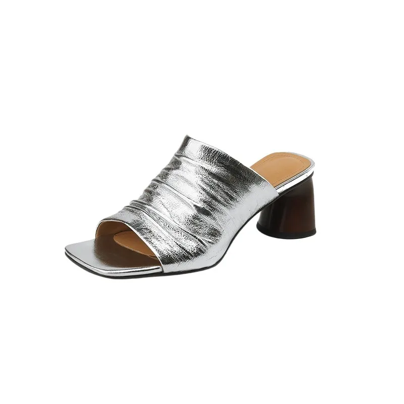 Spring/Summer Square-Toe Slippers Chunky Heel High-Heeled Lambskin Fashion Shoes