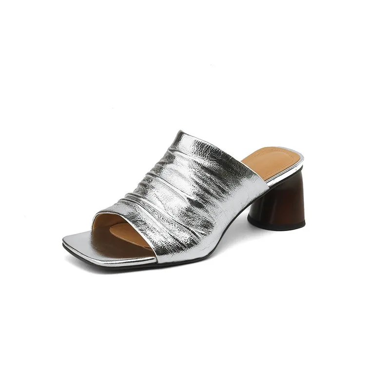 Spring/Summer Square-Toe Slippers Chunky Heel High-Heeled Lambskin Fashion Shoes