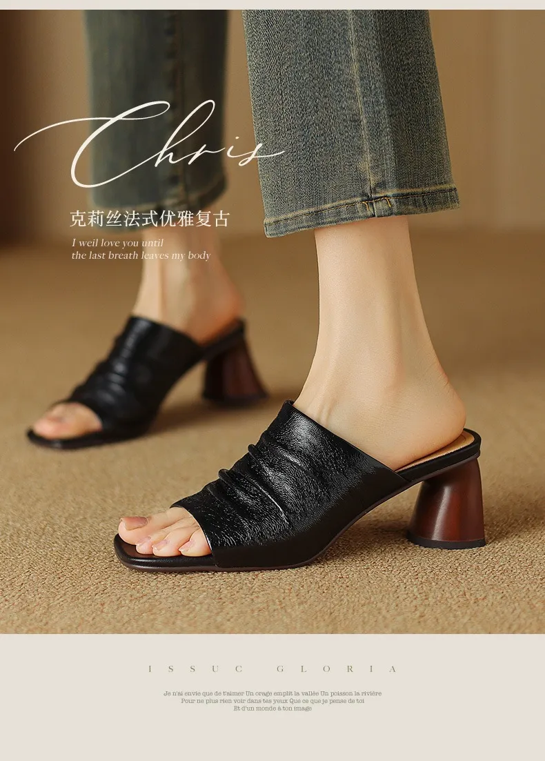 Spring/Summer Square-Toe Slippers Chunky Heel High-Heeled Lambskin Fashion Shoes
