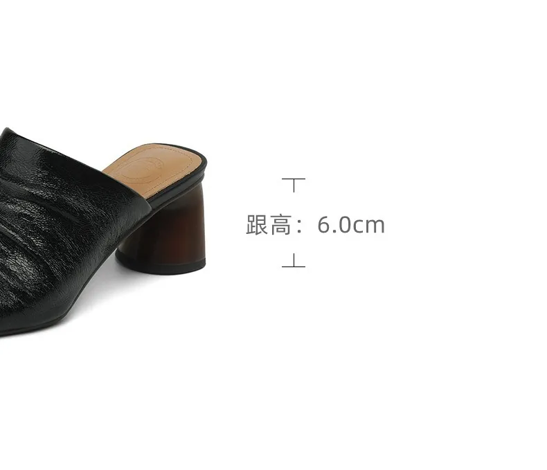 Spring/Summer Square-Toe Slippers Chunky Heel High-Heeled Lambskin Fashion Shoes