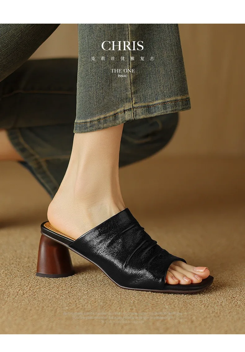 Spring/Summer Square-Toe Slippers Chunky Heel High-Heeled Lambskin Fashion Shoes