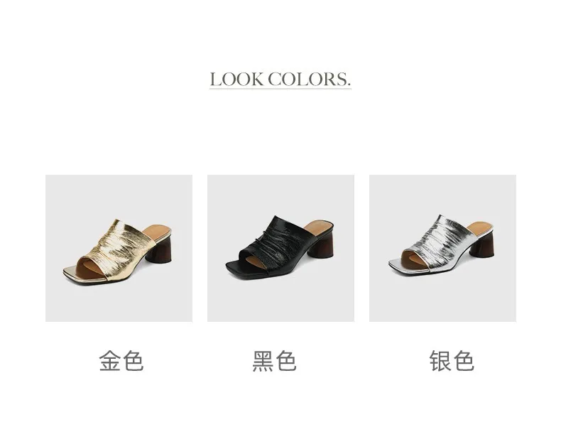 Spring/Summer Square-Toe Slippers Chunky Heel High-Heeled Lambskin Fashion Shoes
