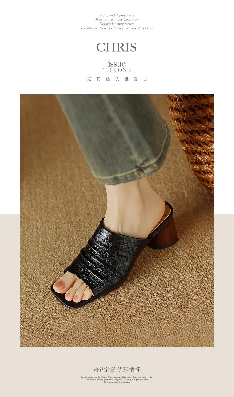 Spring/Summer Square-Toe Slippers Chunky Heel High-Heeled Lambskin Fashion Shoes