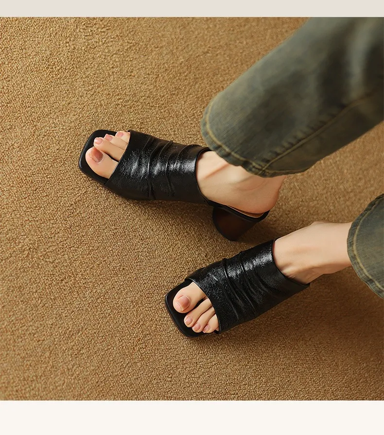 Spring/Summer Square-Toe Slippers Chunky Heel High-Heeled Lambskin Fashion Shoes