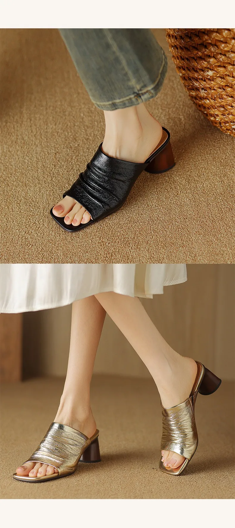 Spring/Summer Square-Toe Slippers Chunky Heel High-Heeled Lambskin Fashion Shoes