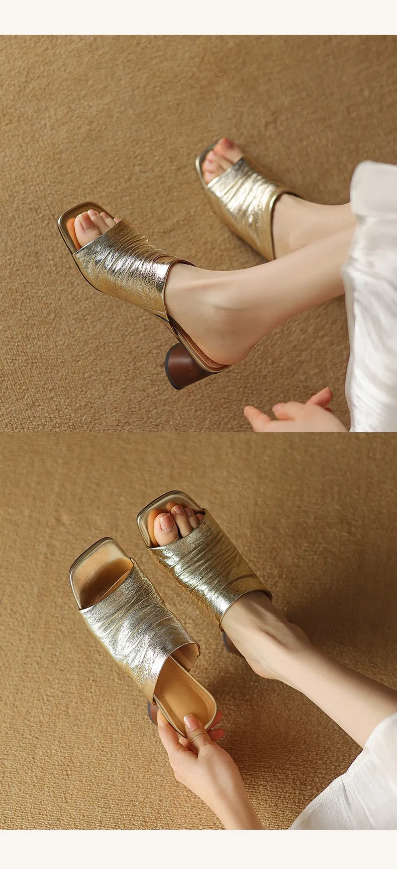 Spring/Summer Square-Toe Slippers Chunky Heel High-Heeled Lambskin Fashion Shoes