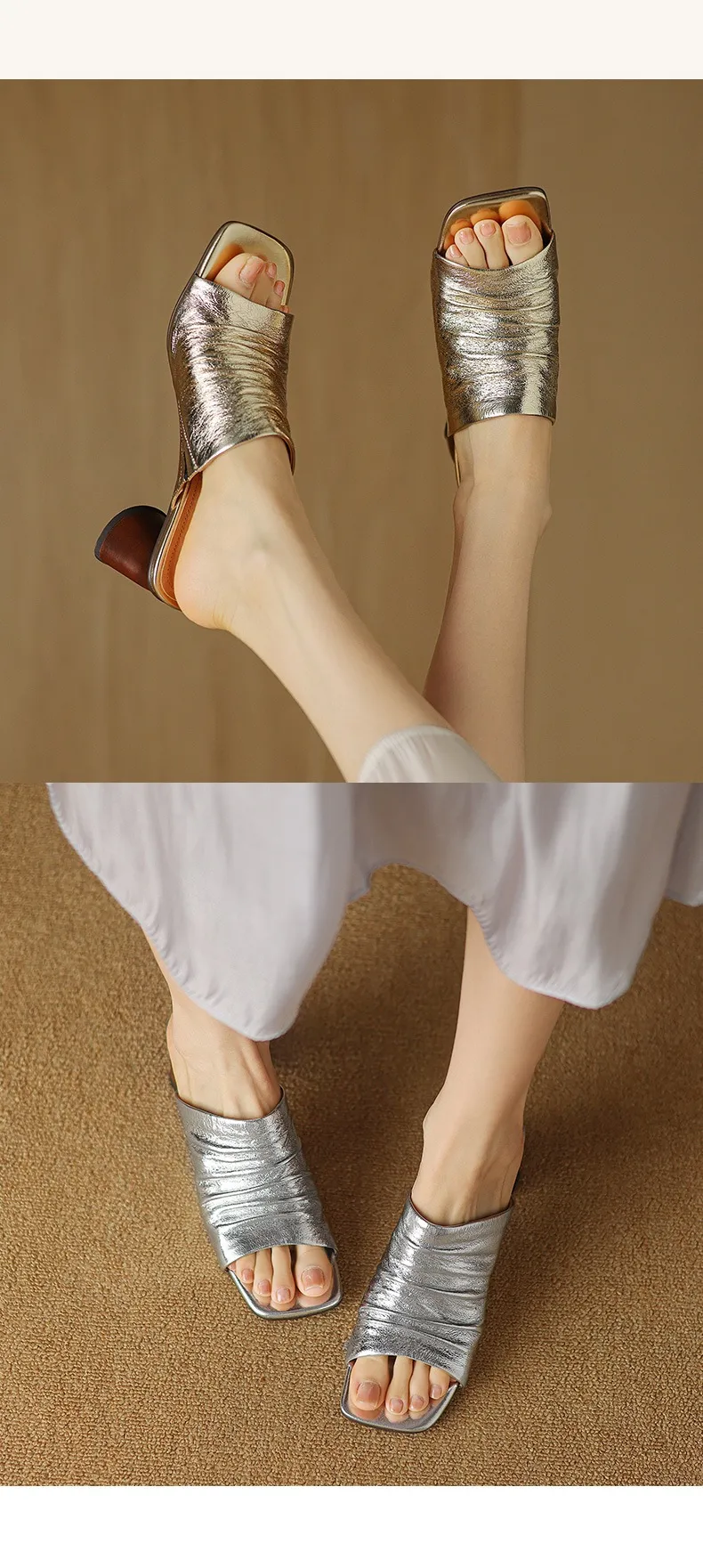 Spring/Summer Square-Toe Slippers Chunky Heel High-Heeled Lambskin Fashion Shoes