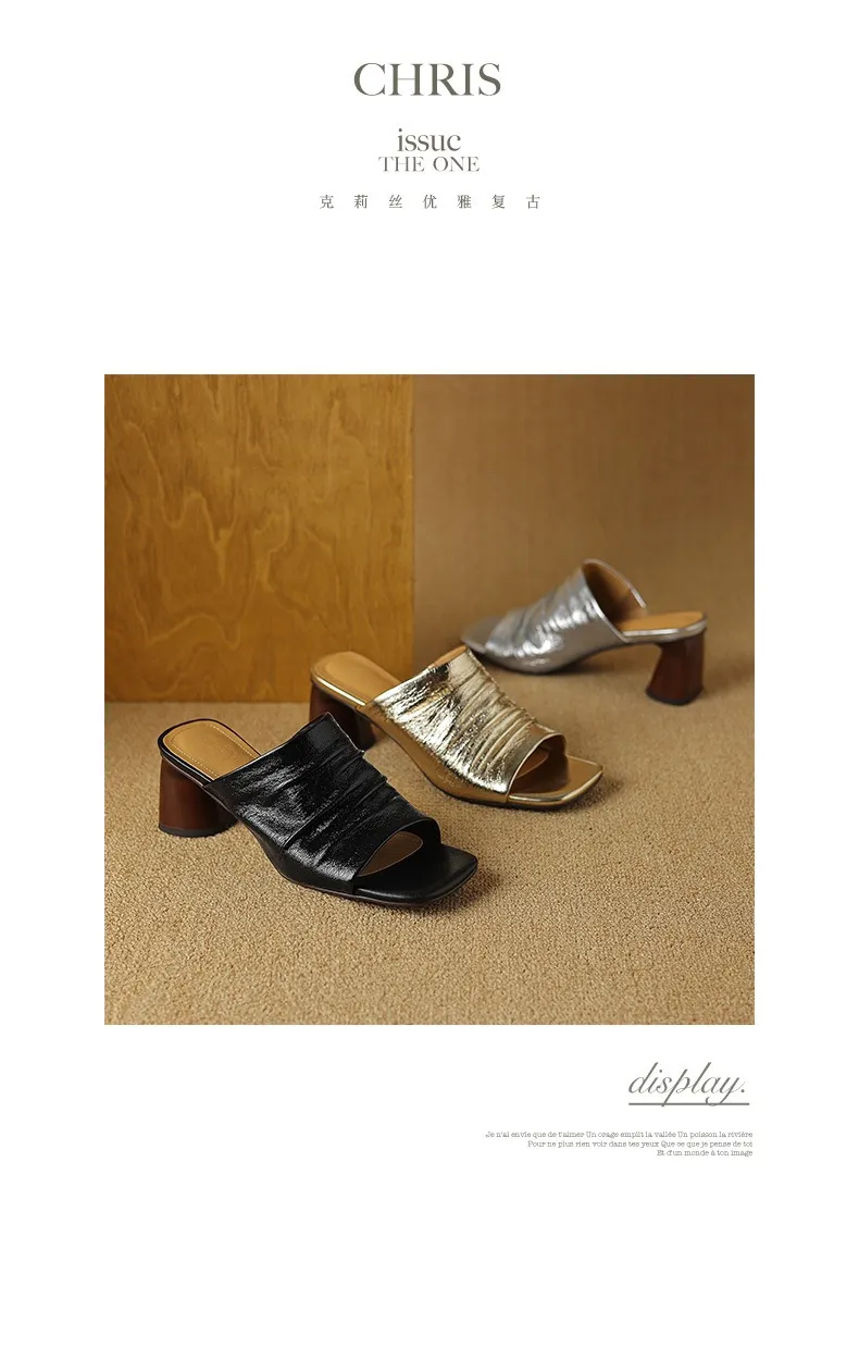 Spring/Summer Square-Toe Slippers Chunky Heel High-Heeled Lambskin Fashion Shoes