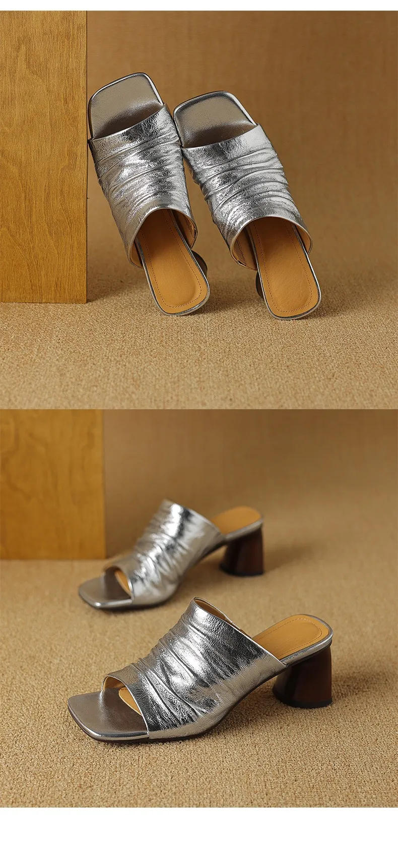 Spring/Summer Square-Toe Slippers Chunky Heel High-Heeled Lambskin Fashion Shoes