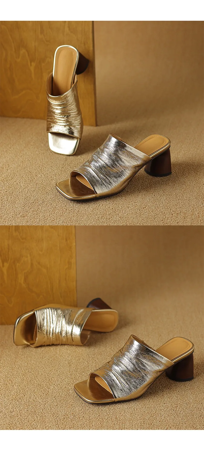 Spring/Summer Square-Toe Slippers Chunky Heel High-Heeled Lambskin Fashion Shoes