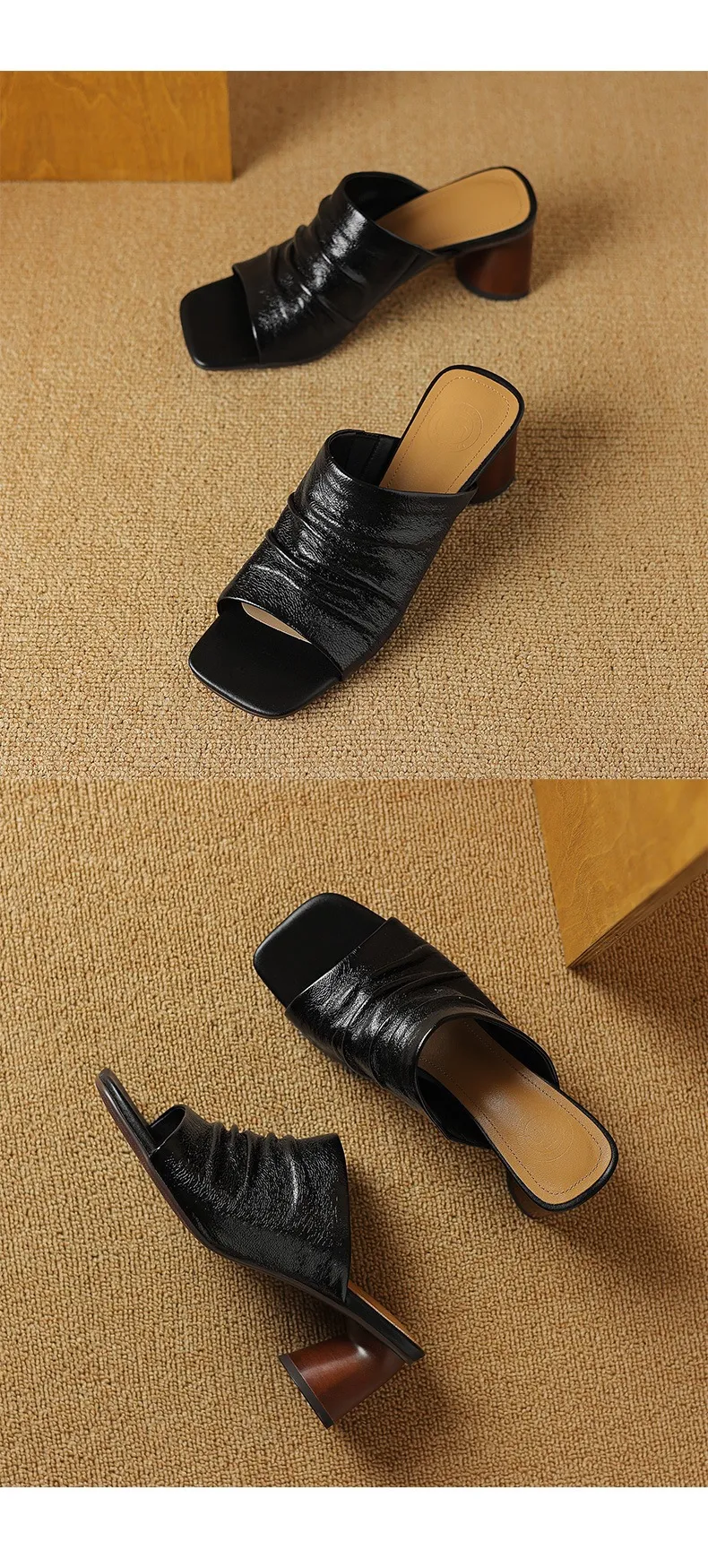 Spring/Summer Square-Toe Slippers Chunky Heel High-Heeled Lambskin Fashion Shoes