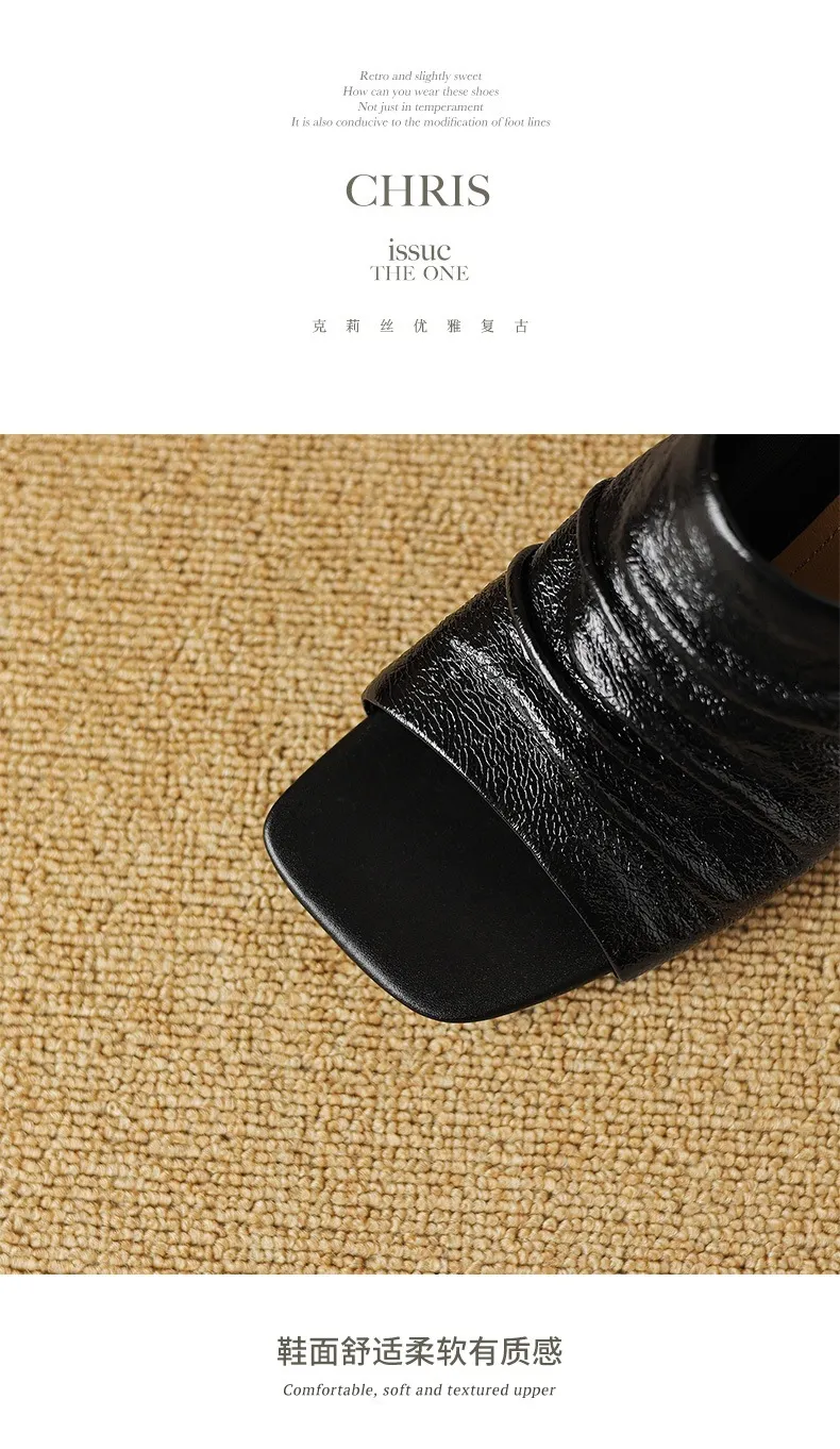 Spring/Summer Square-Toe Slippers Chunky Heel High-Heeled Lambskin Fashion Shoes