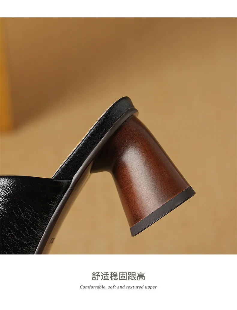 Spring/Summer Square-Toe Slippers Chunky Heel High-Heeled Lambskin Fashion Shoes