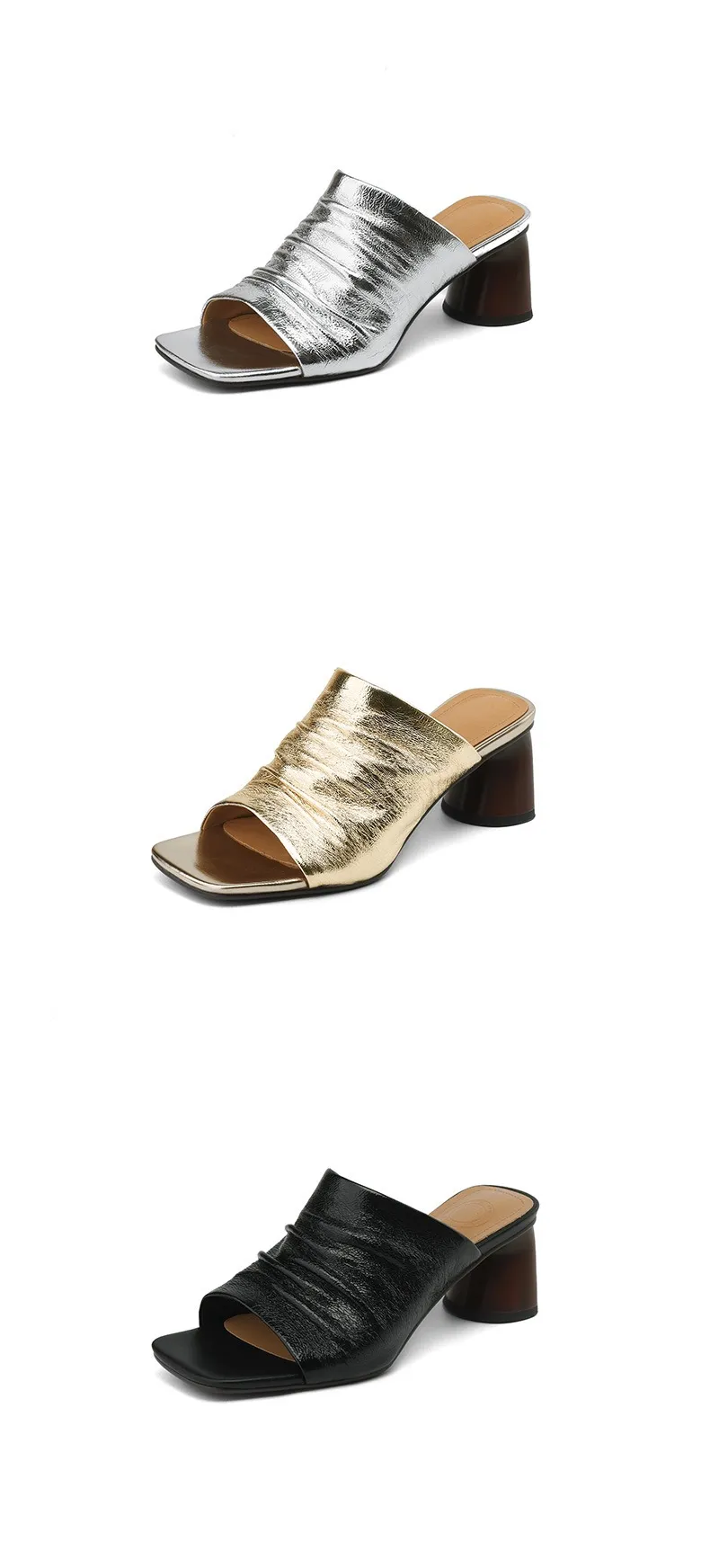 Spring/Summer Square-Toe Slippers Chunky Heel High-Heeled Lambskin Fashion Shoes