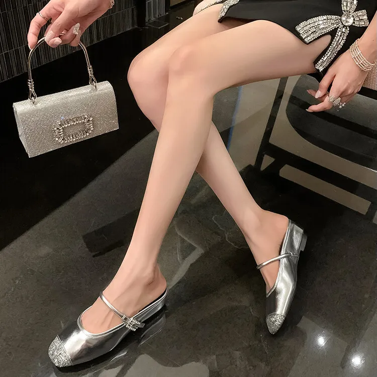 Spring/Summer Mary Jane Slippers in Cowhide Metallic Colors, Fashion Women's Shoes 6-8b