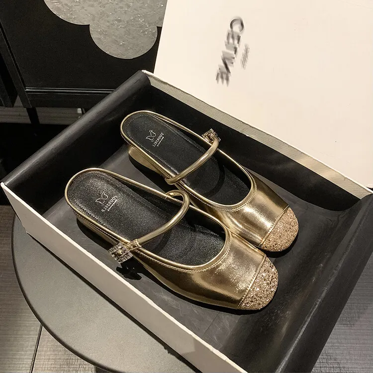 Spring/Summer Mary Jane Slippers in Cowhide Metallic Colors, Fashion Women's Shoes 6-8b