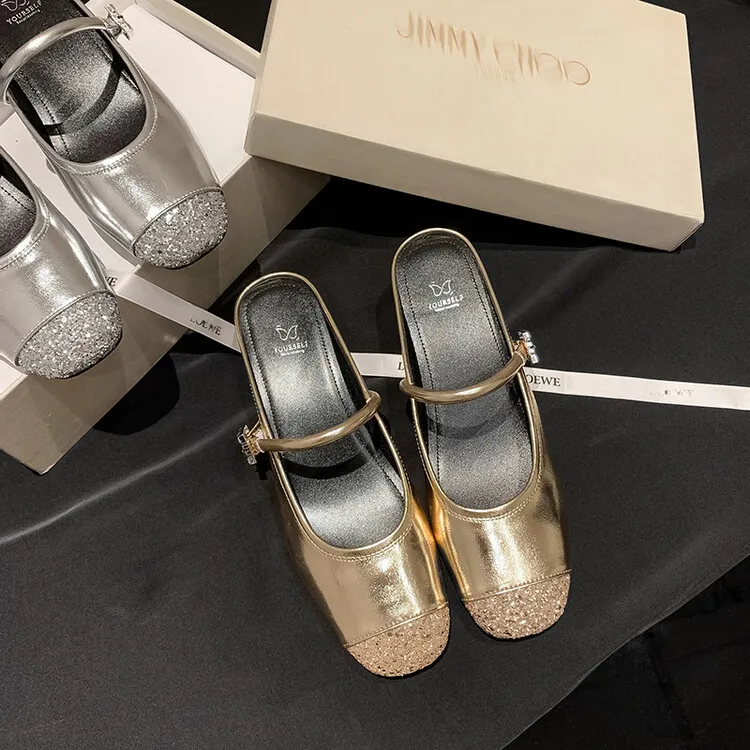 Spring/Summer Mary Jane Slippers in Cowhide Metallic Colors, Fashion Women's Shoes 6-8b