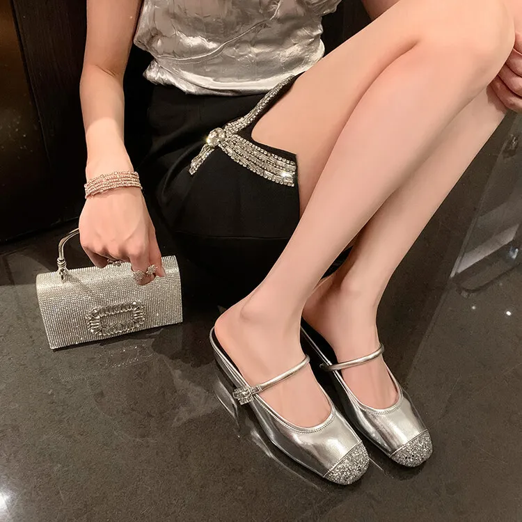 Spring/Summer Mary Jane Slippers in Cowhide Metallic Colors, Fashion Women's Shoes 6-8b
