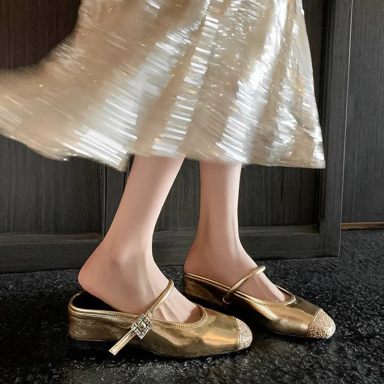 Spring/Summer Mary Jane Slippers in Cowhide Metallic Colors, Fashion Women's Shoes 6-8b