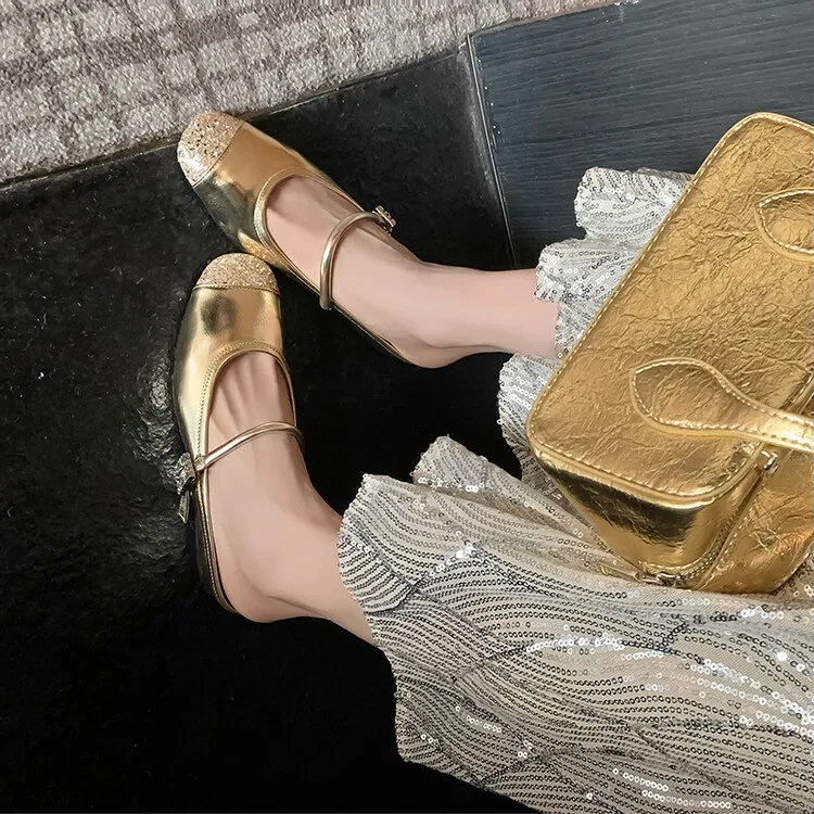 Spring/Summer Mary Jane Slippers in Cowhide Metallic Colors, Fashion Women's Shoes 6-8b