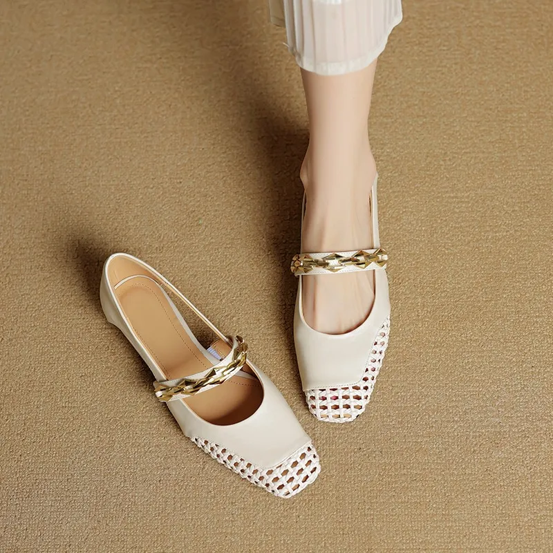Spring/Summer Square-Toe Flat Leather Fashion Shoes for Women