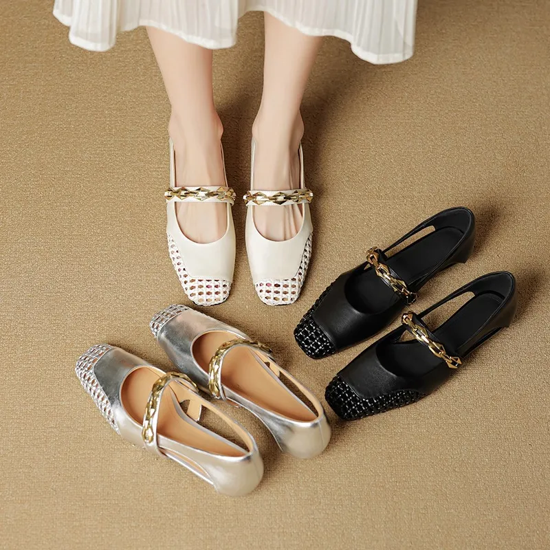 Spring/Summer Square-Toe Flat Leather Fashion Shoes for Women