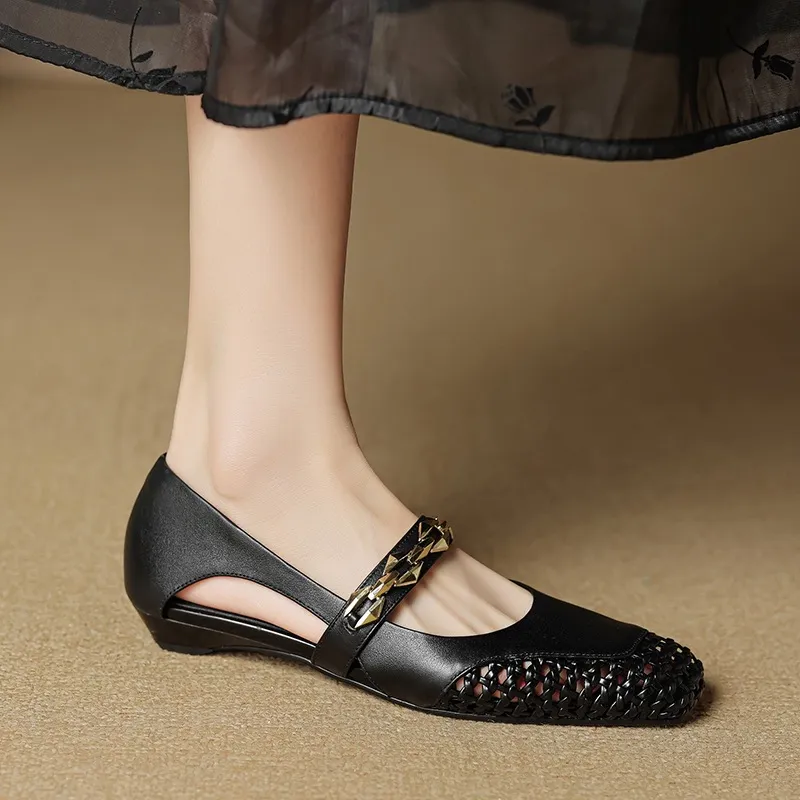 Spring/Summer Square-Toe Flat Leather Fashion Shoes for Women