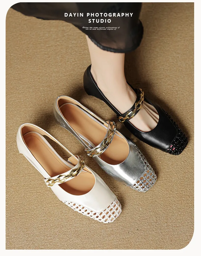 Spring/Summer Square-Toe Flat Leather Fashion Shoes for Women