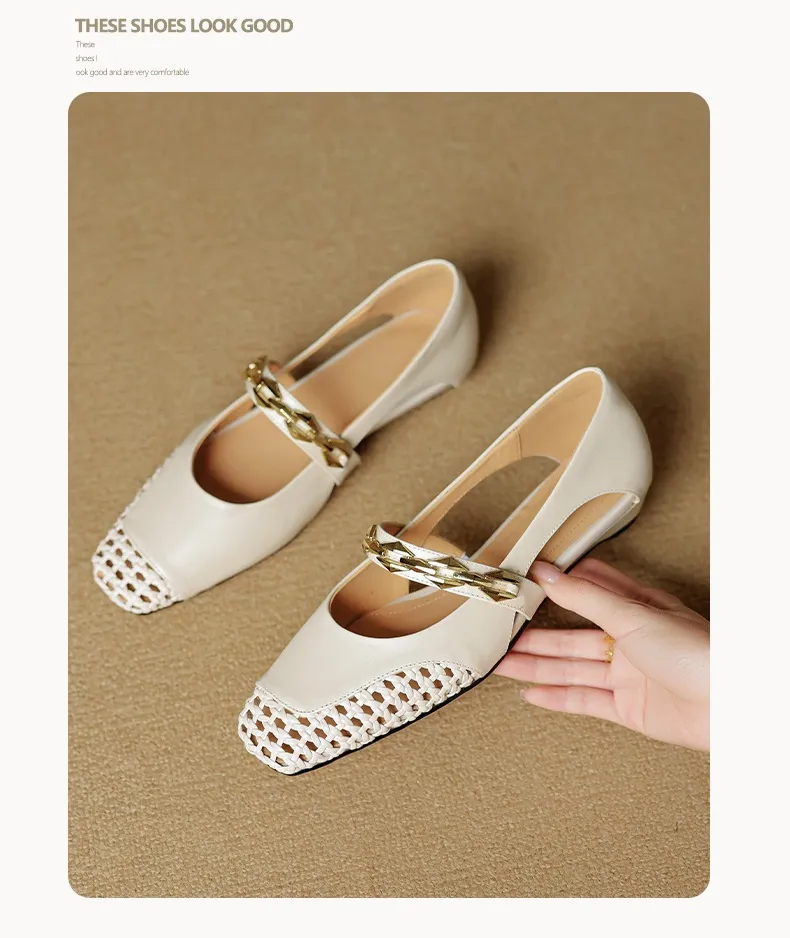 Spring/Summer Square-Toe Flat Leather Fashion Shoes for Women