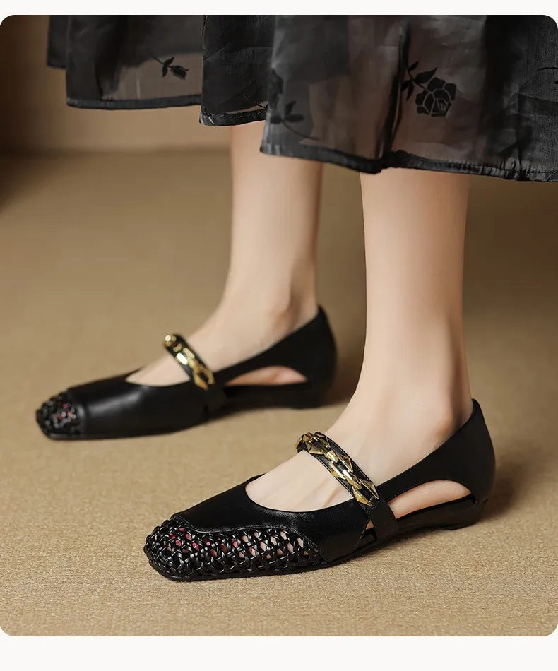 Spring/Summer Square-Toe Flat Leather Fashion Shoes for Women
