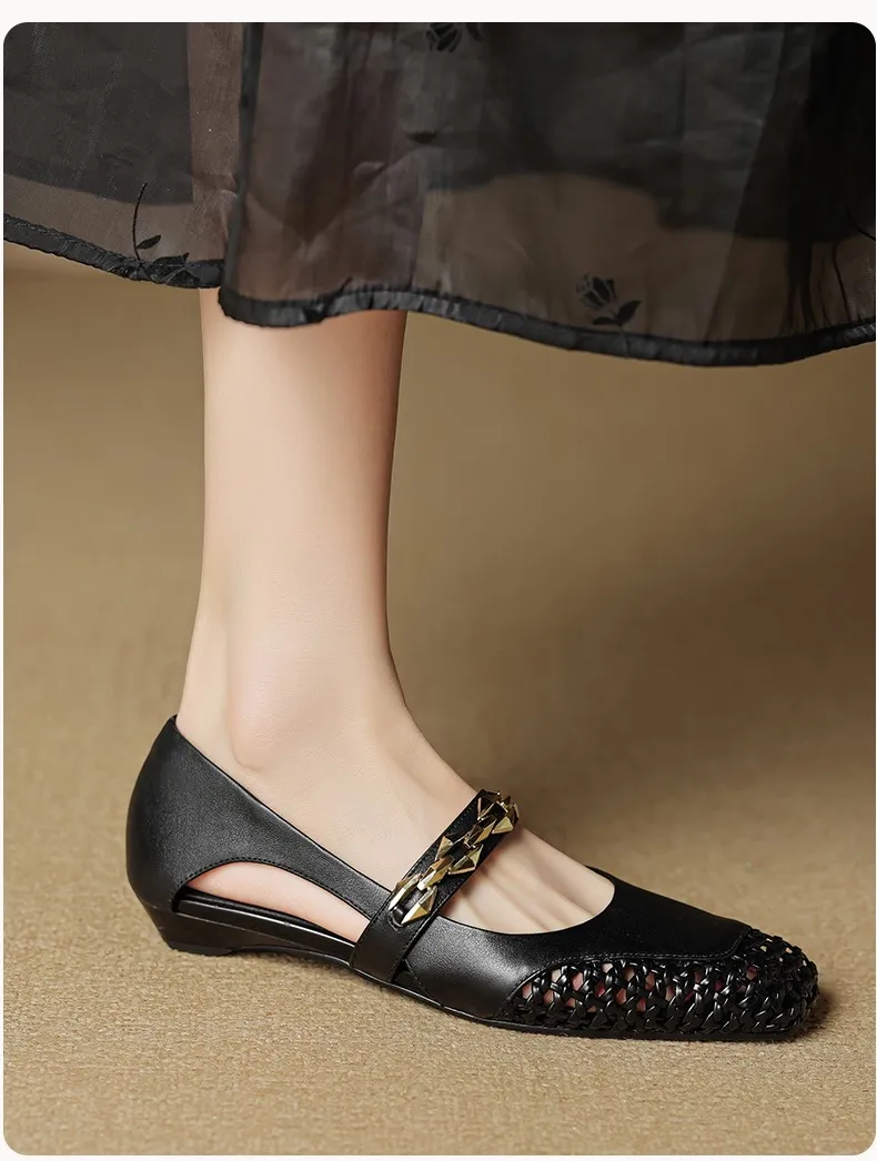 Spring/Summer Square-Toe Flat Leather Fashion Shoes for Women