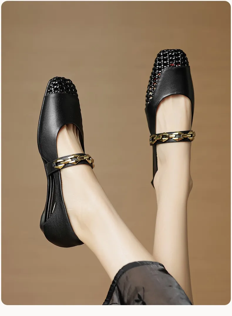 Spring/Summer Square-Toe Flat Leather Fashion Shoes for Women