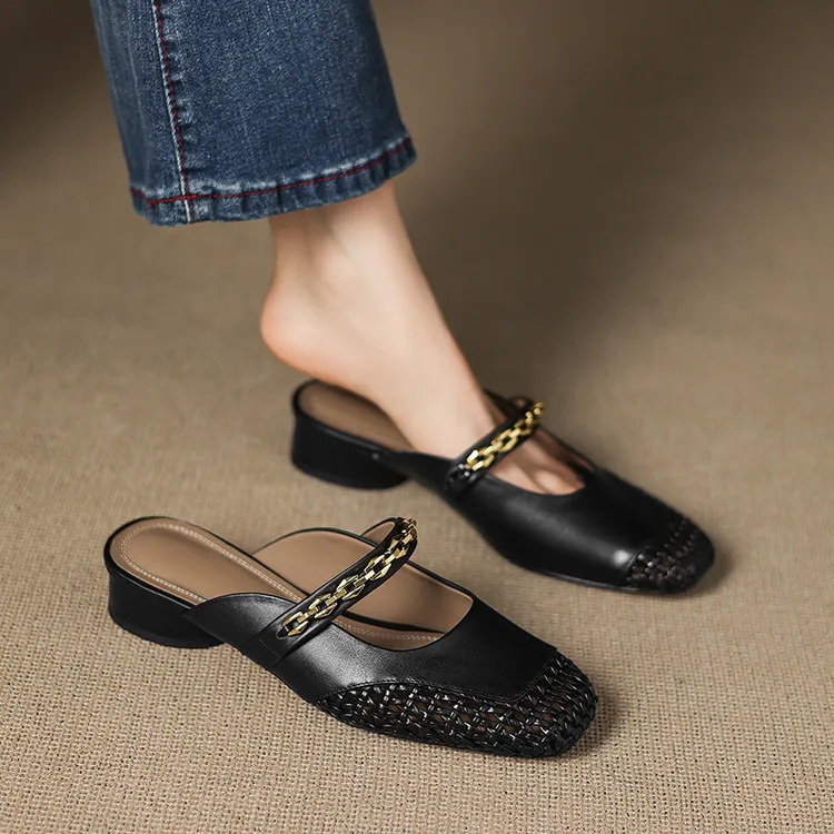Summer closed-toe slippers, chunky heel, mid-heel, cowhide openwork fashion women's shoes, 6-10o