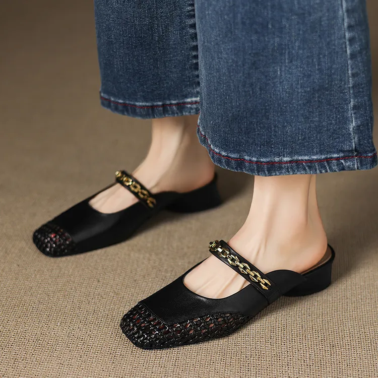 Summer closed-toe slippers, chunky heel, mid-heel, cowhide openwork fashion women's shoes, 6-10o