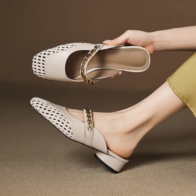Summer closed-toe slippers, chunky heel, mid-heel, cowhide openwork fashion women's shoes, 6-10o