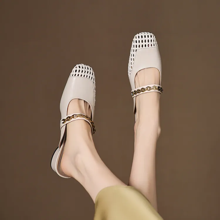 Summer closed-toe slippers, chunky heel, mid-heel, cowhide openwork fashion women's shoes, 6-10o
