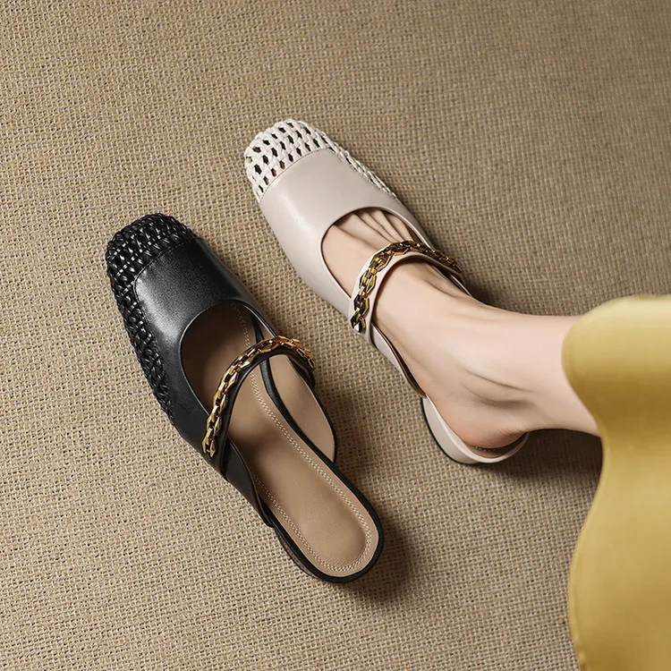 Summer closed-toe slippers, chunky heel, mid-heel, cowhide openwork fashion women's shoes, 6-10o