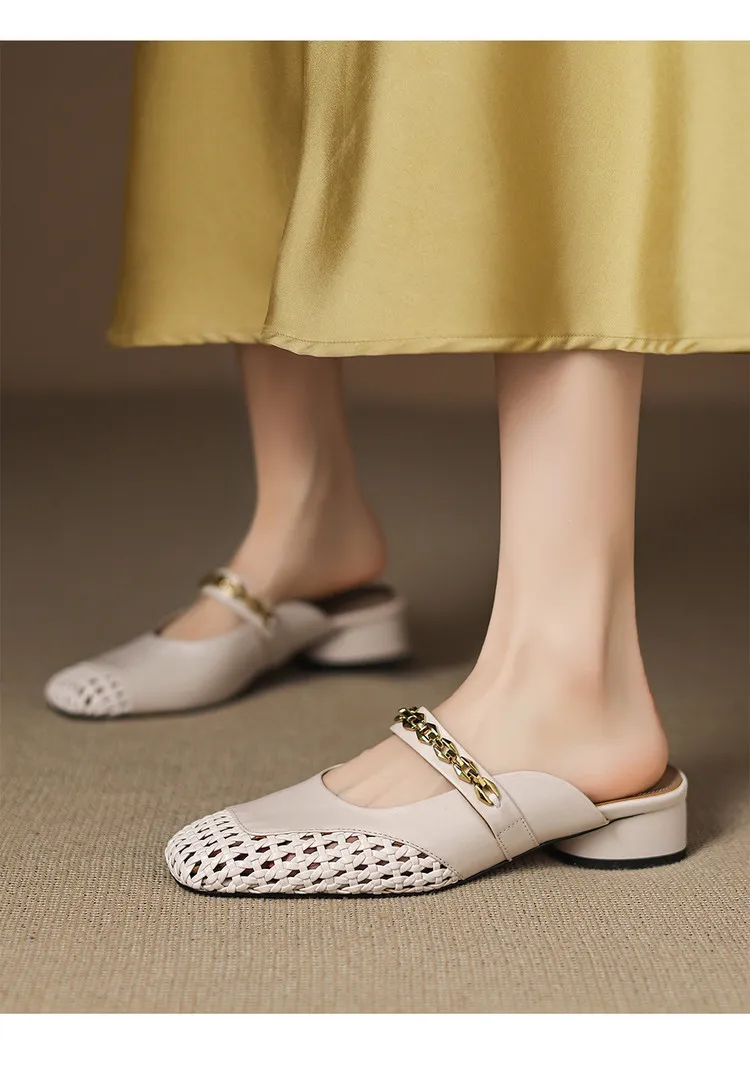 Summer closed-toe slippers, chunky heel, mid-heel, cowhide openwork fashion women's shoes, 6-10o