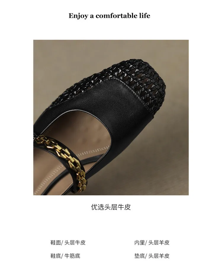 Summer closed-toe slippers, chunky heel, mid-heel, cowhide openwork fashion women's shoes, 6-10o