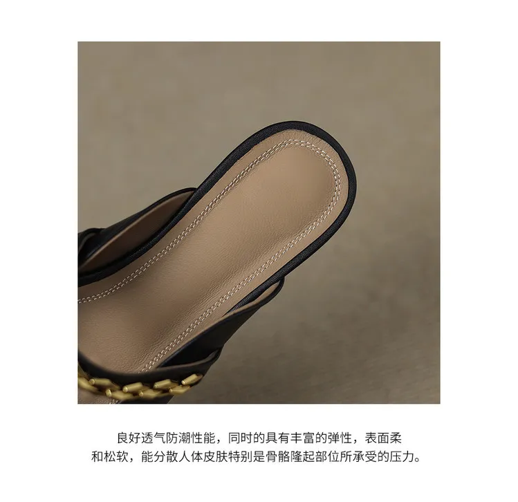 Summer closed-toe slippers, chunky heel, mid-heel, cowhide openwork fashion women's shoes, 6-10o