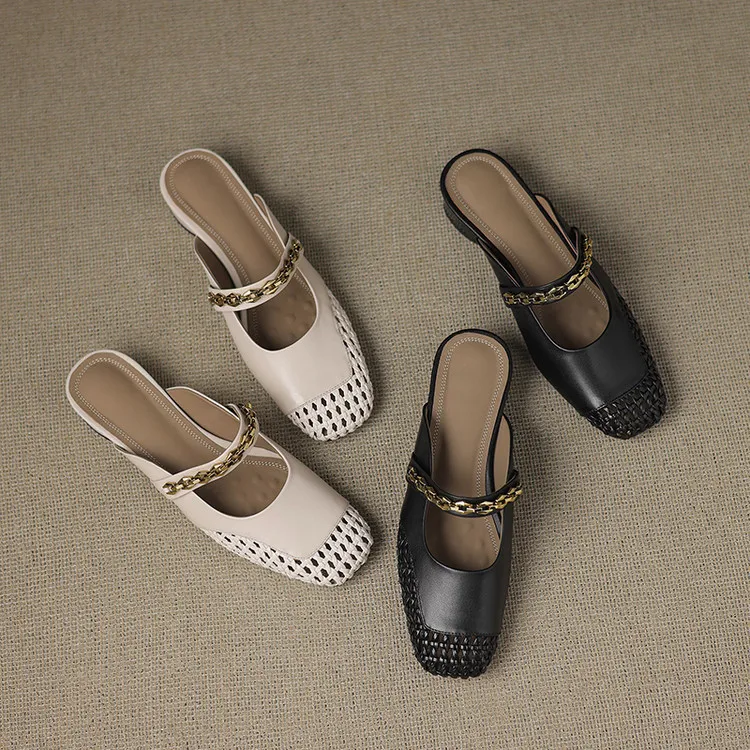 Summer closed-toe slippers, chunky heel, mid-heel, cowhide openwork fashion women's shoes, 6-10o