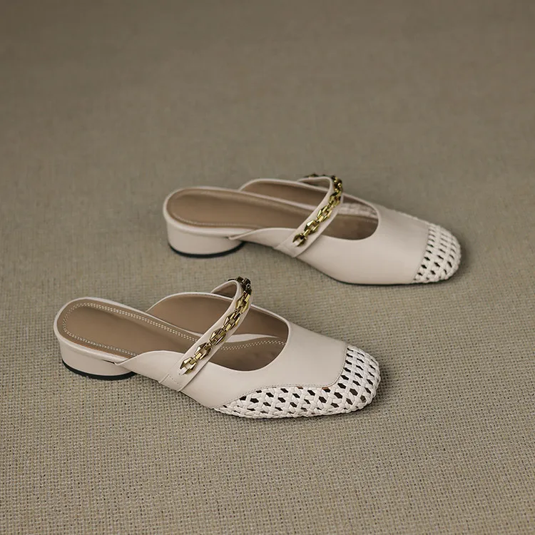 Summer closed-toe slippers, chunky heel, mid-heel, cowhide openwork fashion women's shoes, 6-10o