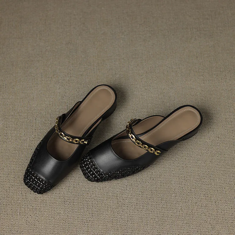 Summer closed-toe slippers, chunky heel, mid-heel, cowhide openwork fashion women's shoes, 6-10o
